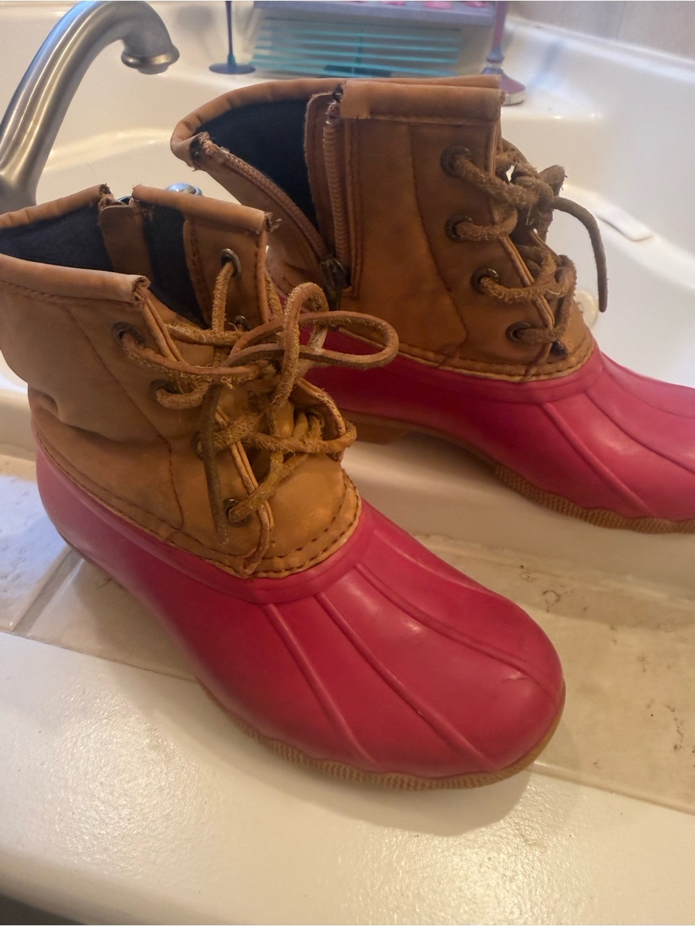 Kids Two-Tone Duck Boots - Pink Rubber Toe with Tan Leather Upper